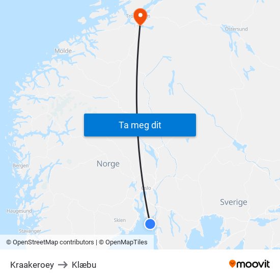 Kraakeroey to Klæbu map