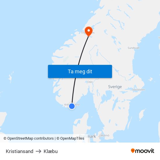 Kristiansand to Klæbu map