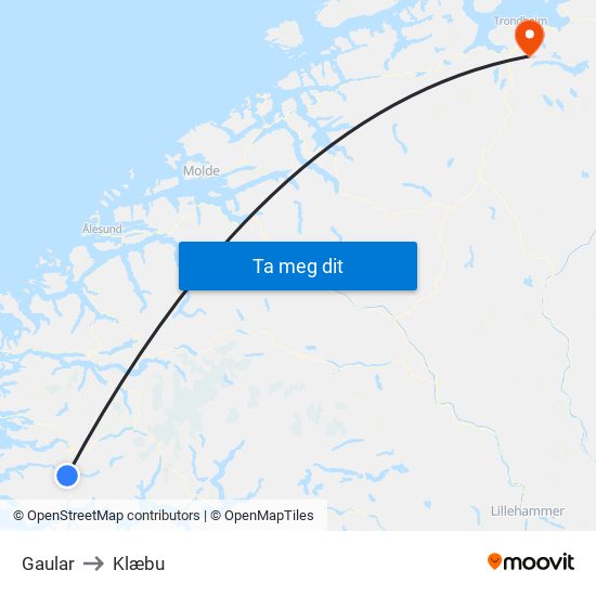 Gaular to Klæbu map