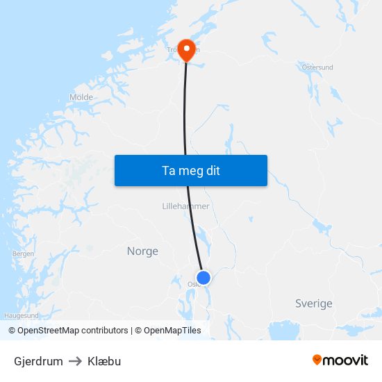 Gjerdrum to Klæbu map