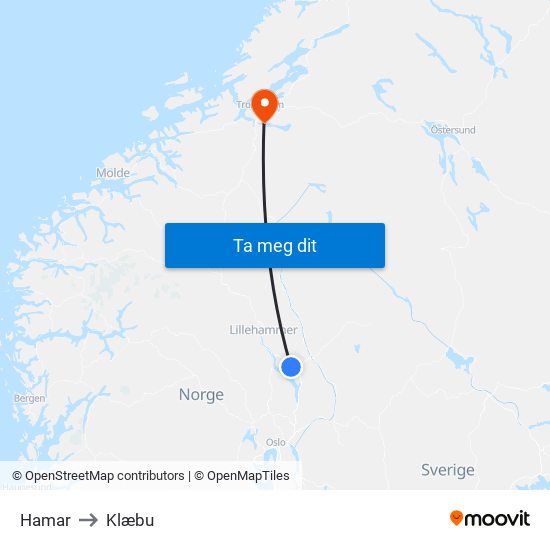 Hamar to Klæbu map