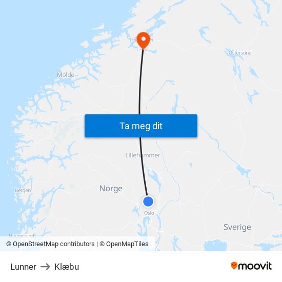 Lunner to Klæbu map