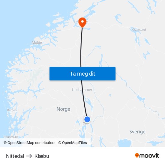 Nittedal to Klæbu map