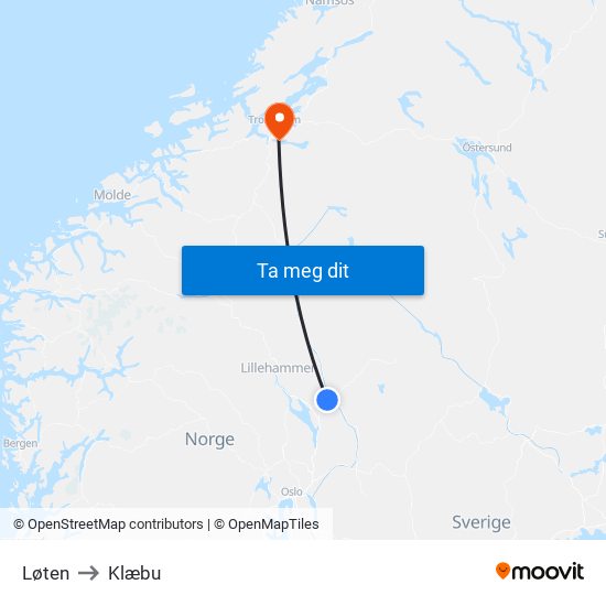 Løten to Klæbu map