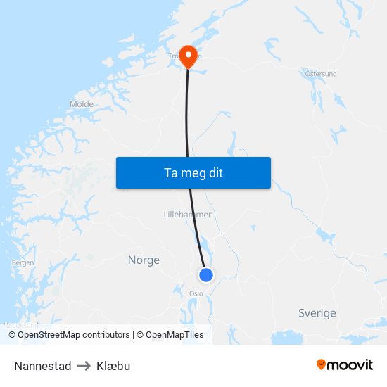 Nannestad to Klæbu map