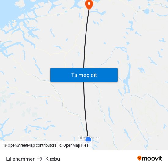 Lillehammer to Klæbu map