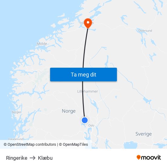 Ringerike to Klæbu map