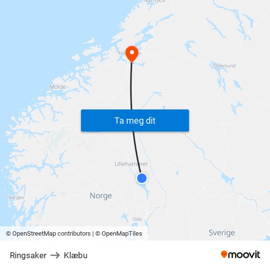 Ringsaker to Klæbu map