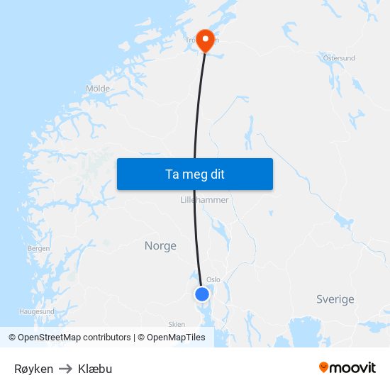 Røyken to Klæbu map