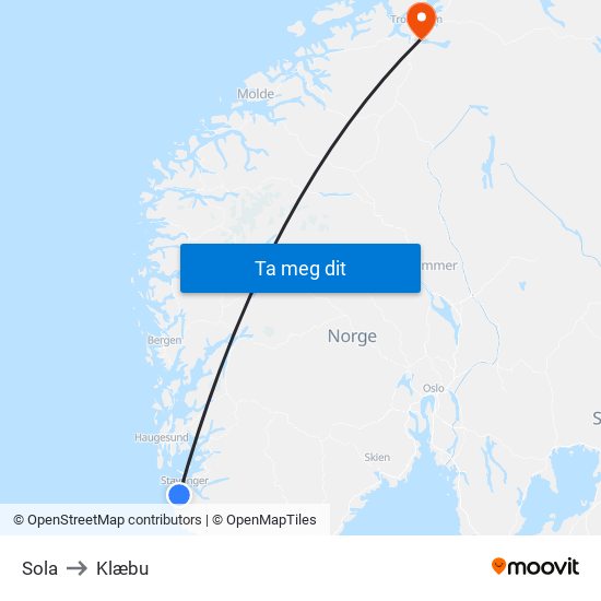 Sola to Klæbu map