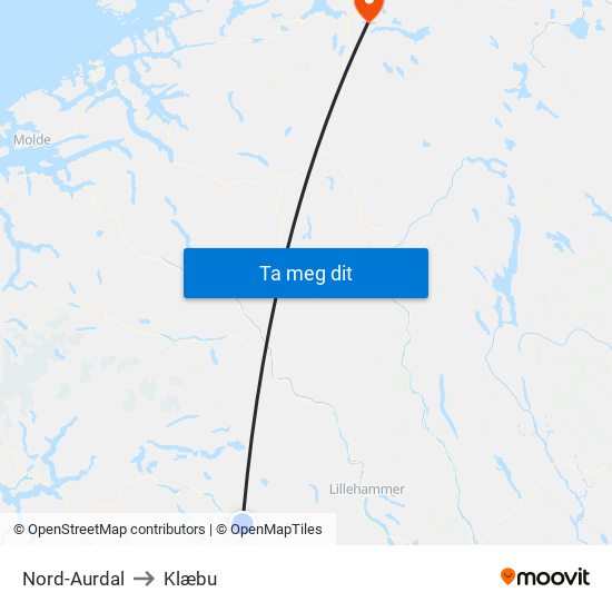 Nord-Aurdal to Klæbu map