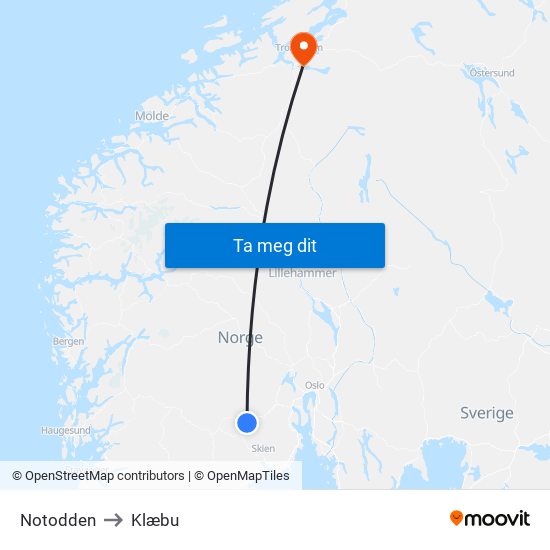 Notodden to Klæbu map