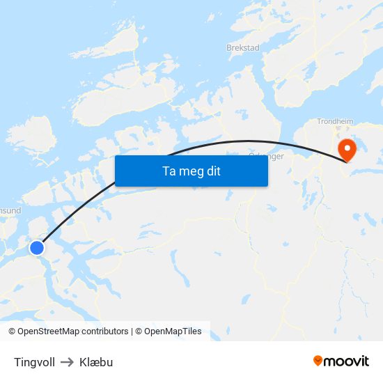 Tingvoll to Klæbu map