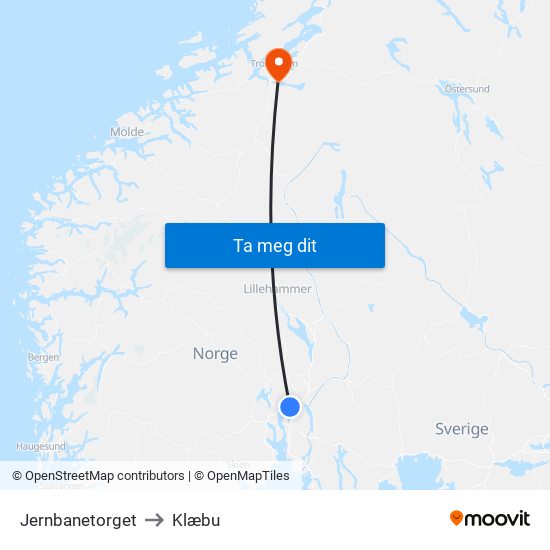 Jernbanetorget to Klæbu map