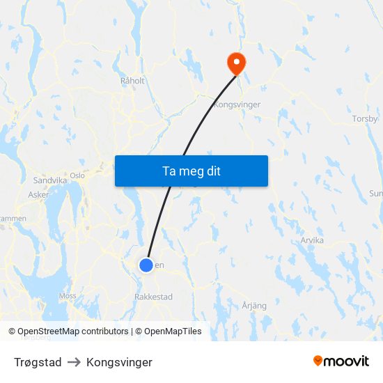 Trøgstad to Kongsvinger map