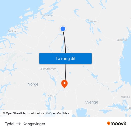 Tydal to Kongsvinger map