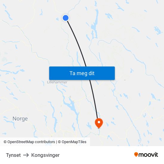 Tynset to Kongsvinger map