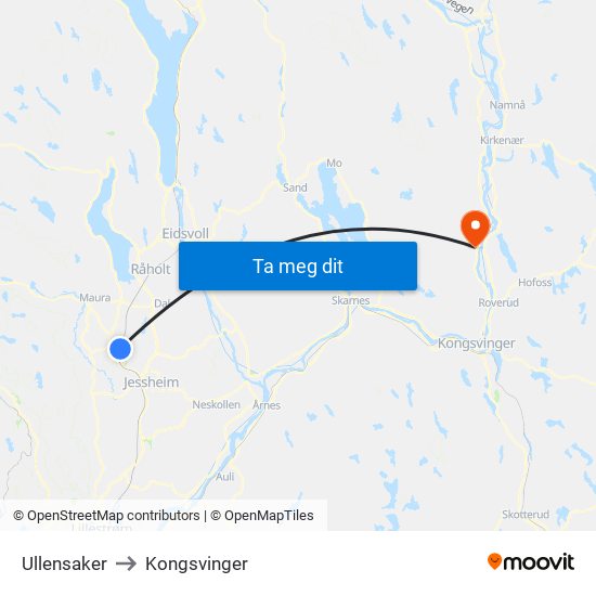 Ullensaker to Kongsvinger map