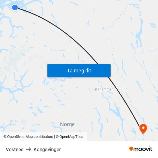 Vestnes to Kongsvinger map
