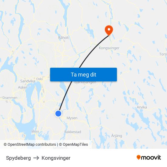 Spydeberg to Kongsvinger map