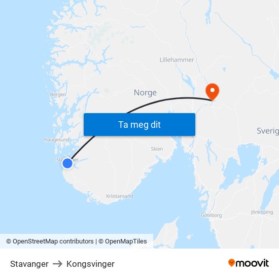 Stavanger to Kongsvinger map