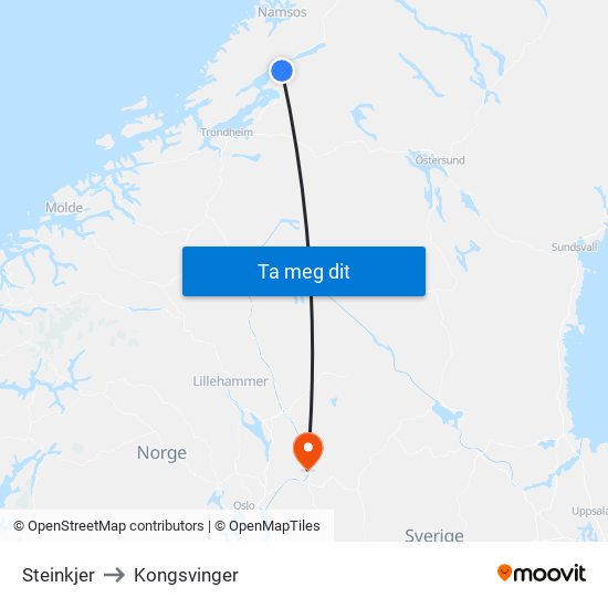 Steinkjer to Kongsvinger map