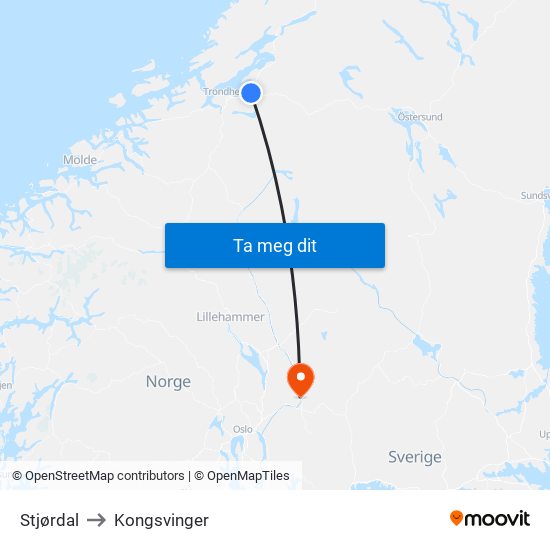 Stjørdal to Kongsvinger map