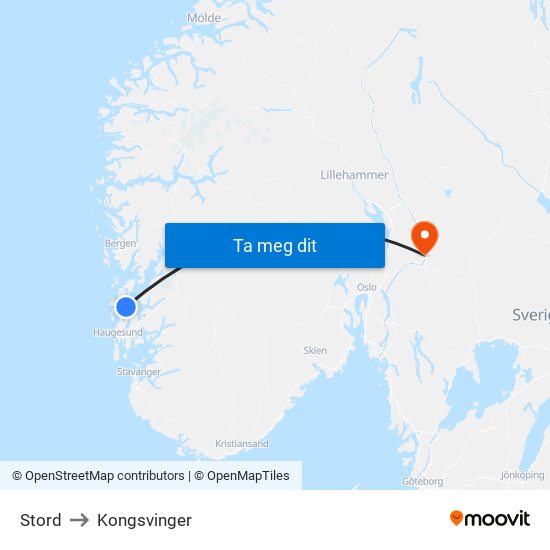 Stord to Kongsvinger map