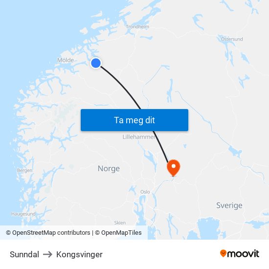 Sunndal to Kongsvinger map