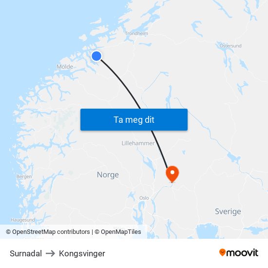 Surnadal to Kongsvinger map