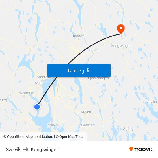 Svelvik to Kongsvinger map