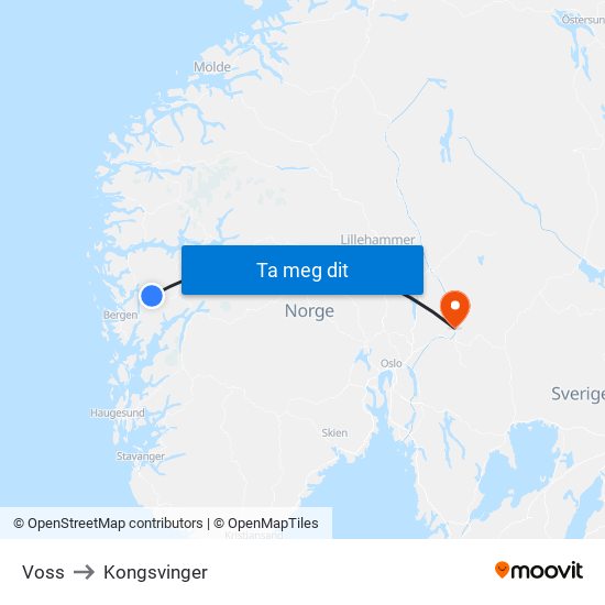 Voss to Kongsvinger map