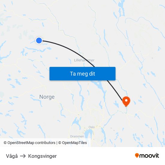 Vågå to Kongsvinger map