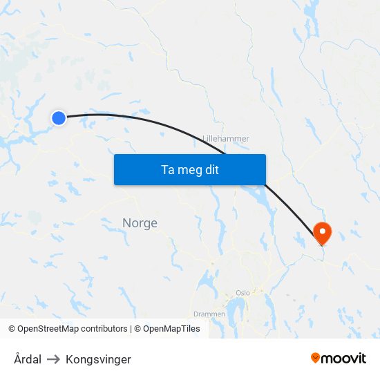 Årdal to Kongsvinger map