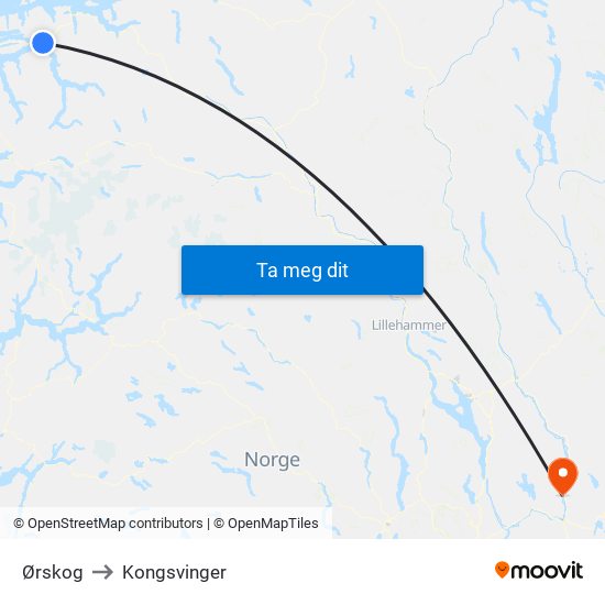 Ørskog to Kongsvinger map