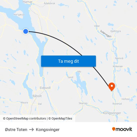 Østre Toten to Kongsvinger map