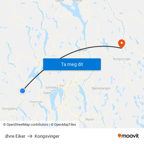 Øvre Eiker to Kongsvinger map