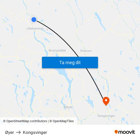 Øyer to Kongsvinger map