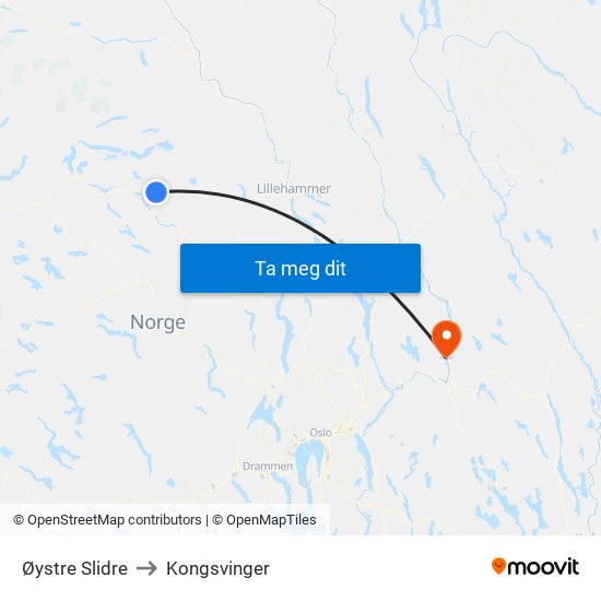 Øystre Slidre to Kongsvinger map