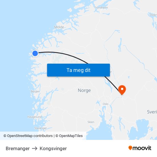 Bremanger to Kongsvinger map