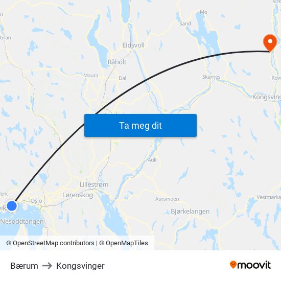 Bærum to Kongsvinger map