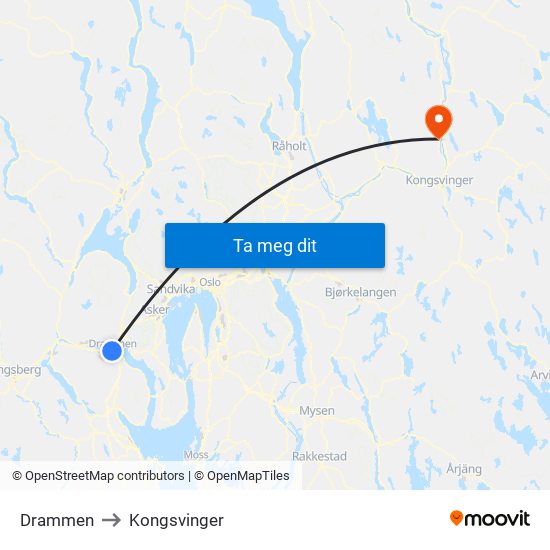 Drammen to Kongsvinger map