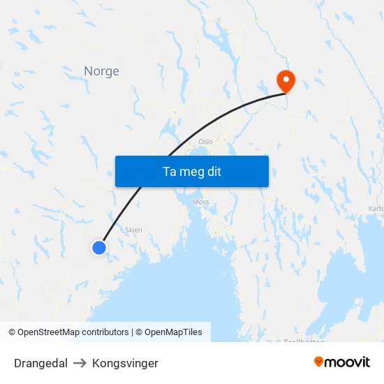 Drangedal to Kongsvinger map