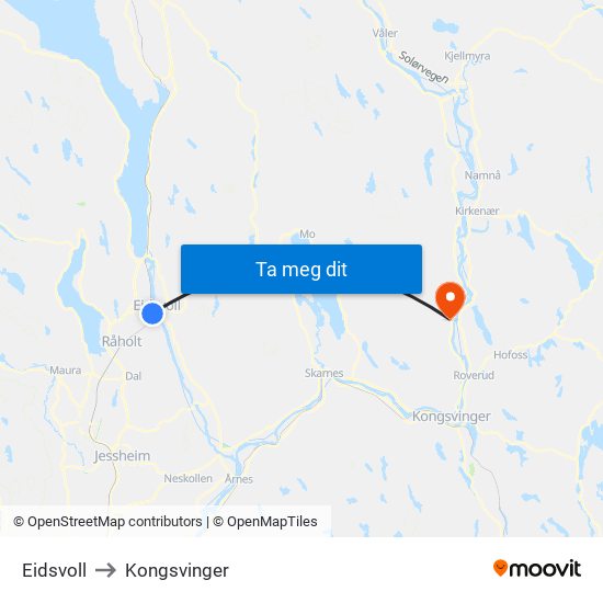 Eidsvoll to Kongsvinger map