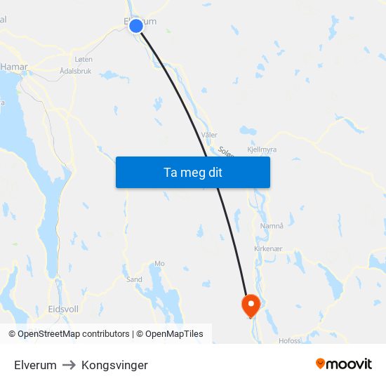 Elverum to Kongsvinger map