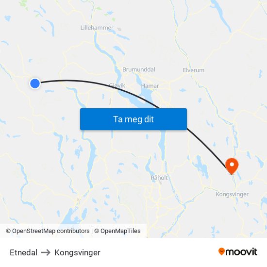 Etnedal to Kongsvinger map