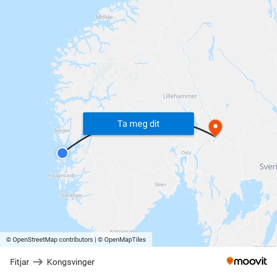 Fitjar to Kongsvinger map