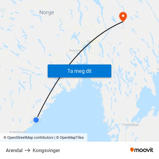 Arendal to Kongsvinger map