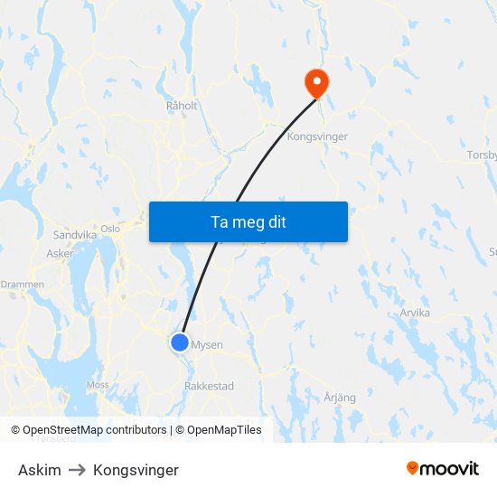 Askim to Kongsvinger map