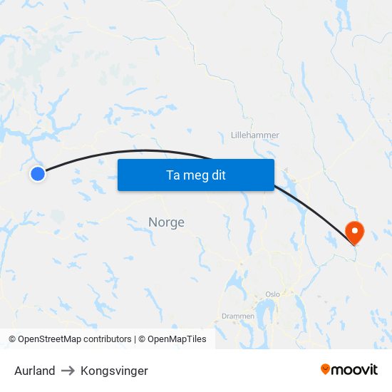 Aurland to Kongsvinger map